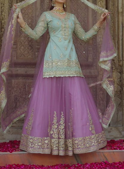 Mint and Light Purple Kurti Style Lehenga