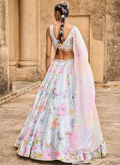 Light Blue Embellished Velvet Lehenga