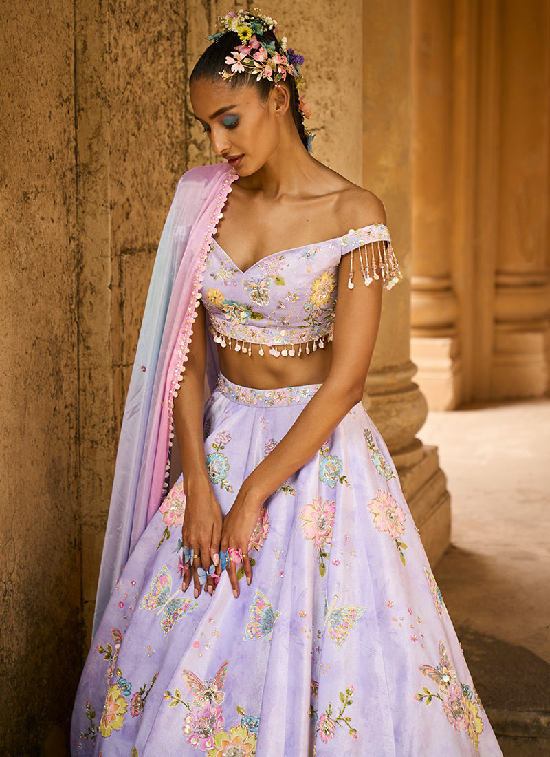 Peach net readymade lehenga with mirror & stone embroidered jaal design crop  top,3/4th collar shrug & floor-touch skirt