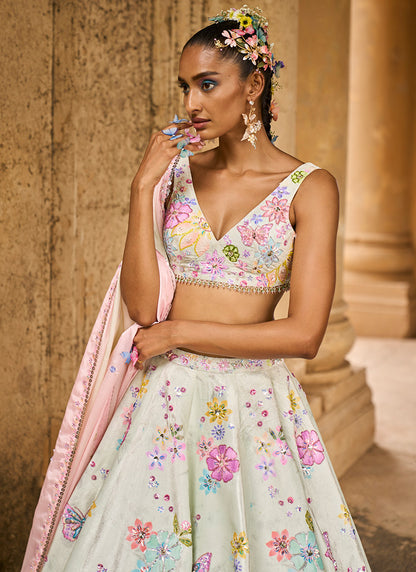 Light Green Embellished Velvet Lehenga