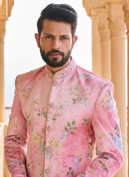 Peachy Pink Hand Embroidered Velvet Sherwani