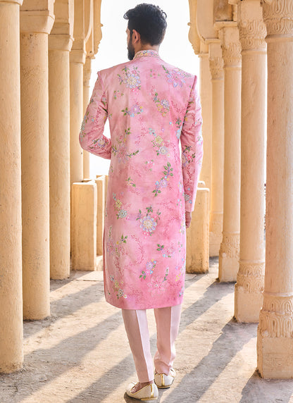 Peachy Pink Hand Embroidered Velvet Sherwani