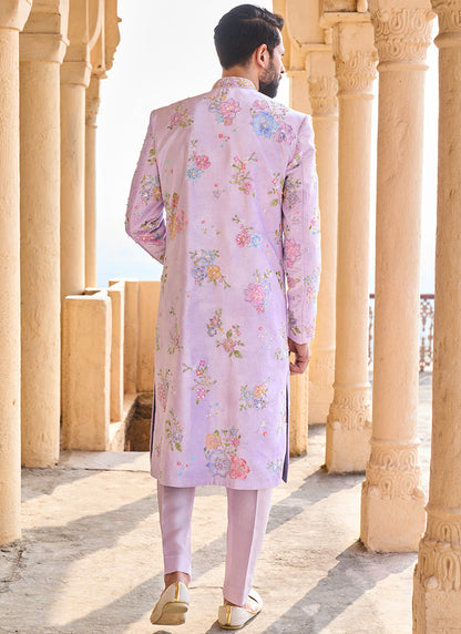 Lavender Hand Embroidered Velvet Sherwani