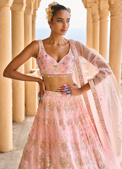 Peach Heavy Embellished Net Lehenga