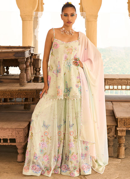 Light Green Embellished Chinon Sharara Suit