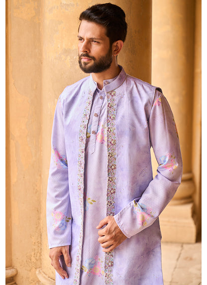 Periwinkle Velvet Embroidered Jacket With Kurta Set