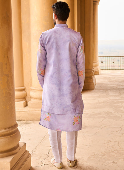 Periwinkle Velvet Embroidered Jacket With Kurta Set