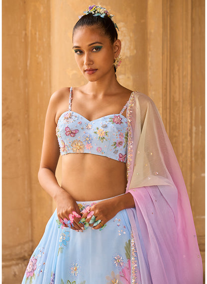 Light Blue Embellished Chiffon Lehenga