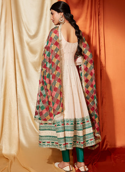 Cream Anarkali With Multicolor Phulkari Dupatta