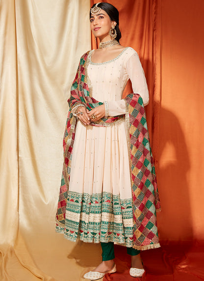 Cream Anarkali With Multicolor Phulkari Dupatta