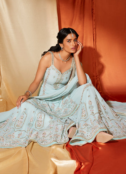 Powder Blue Embroidered Georgette Sharara Suit