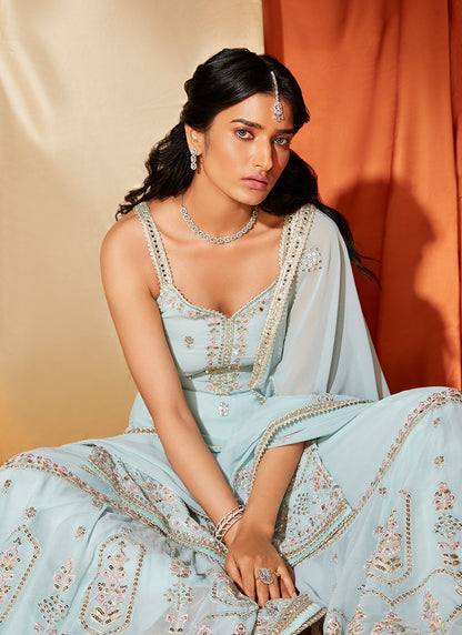 Powder Blue Embroidered Georgette Sharara Suit