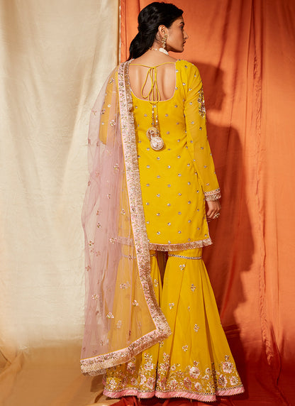 Mustard and Light Pink Georgette Gharara Suit