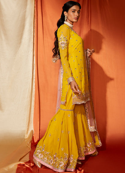 Mustard and Light Pink Georgette Gharara Suit