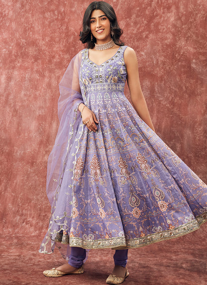 Lavender Printed Silk Anarkali