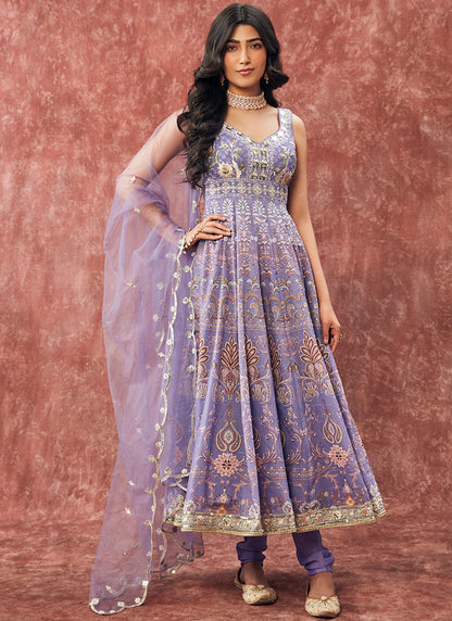 Lavender Printed Silk Anarkali