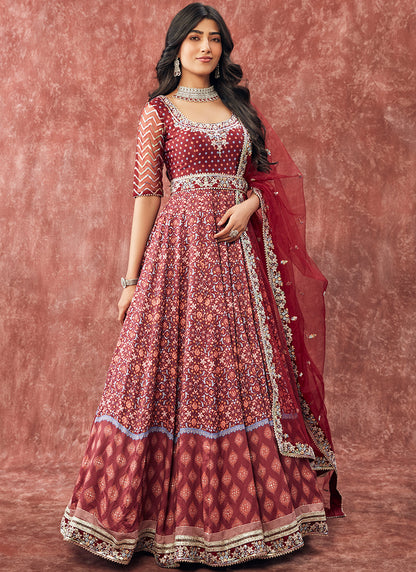 Deep Maroon Printed Satin Anarkali