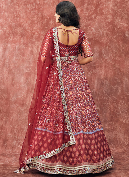 Deep Maroon Printed Satin Anarkali