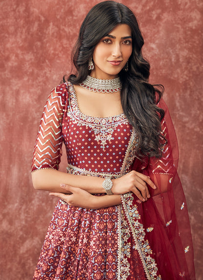 Deep Maroon Printed Satin Anarkali